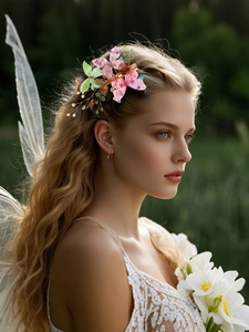 Détail de pince à cheveux papillon colorée avec perles de cristal et fil doré sur modèle