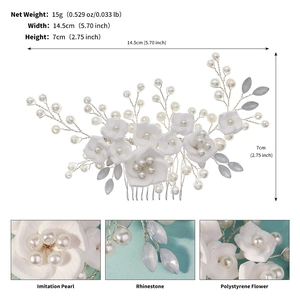 Detail showing the 14.5cm width dimension of the white flower bridal hair comb with pearls
