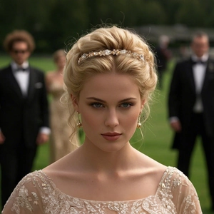 Detail of elegant gold headband with crystal rhinestones for a luxury wedding style