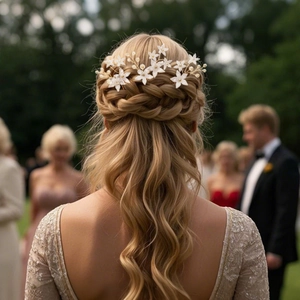 Detailed view of handmade white clay flowers and pearls bridal hair pins in a wedding hairstyle