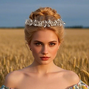 Détail d'un accessoire de coiffure de mariée avec cristaux et perles en plein champ