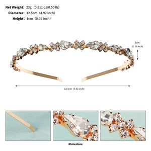 Detail view of golden rhinestone headband with weight and dimension measurements