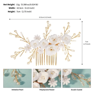 Detail showing white clay flowers, faux pearls, and acrylic crystals on bridal hair comb