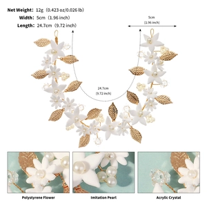 Detail of bridal floral headband with white flowers, pearls and crystals, size 24.7x5cm