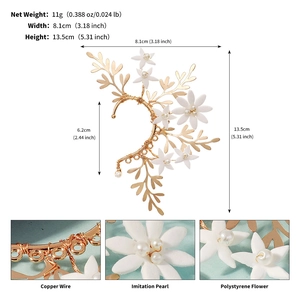 Detailed size specifications for handmade white clay flower ear cuff with golden leaf accents