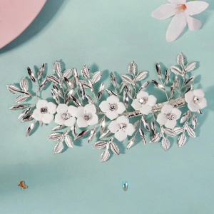 White floral hair clip with pearls and crystals for bridal wedding dress accessories