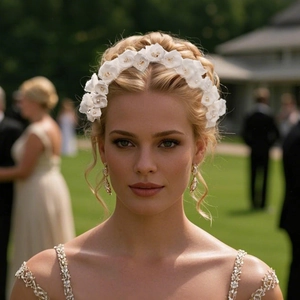 Détail du serre-tête fleurs blanches avec perles et boucles d'oreilles pour mariée