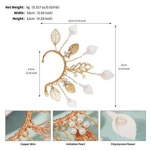 Detail showing handmade floral ear cuff dimensions with copper wire and white pearls
