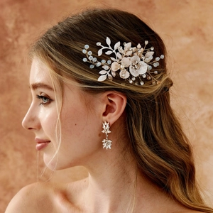 Bridal Hair Comb Vintage Alloy Crystal Rhinestone Flower Hair Accessory Handmade Artificial Pearl Leaf Elegant Wedding Hair Jewelry