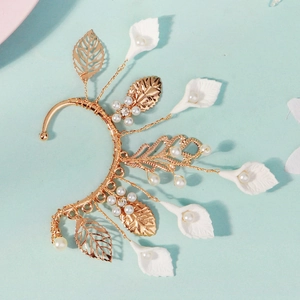 Handmade golden flower ear cuff with white beads and pearls for bridal jewelry style
