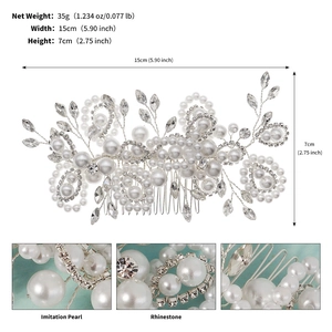 Detail shot of bridal hair comb with dimensions, imitation pearls and rhinestones