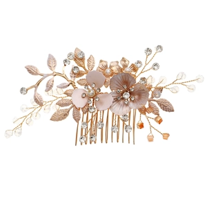 Exquisite bridal hair comb with rose gold metallic flowers and faux pearls for weddings