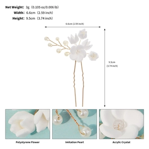 Detail view of bridal flower hair pin with size specs and material texture closeup