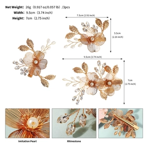Détails de pinces à cheveux artisanales avec fleurs en fil doré, perles et strass
