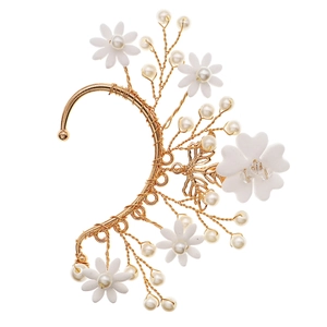 Handmade white clay flower ear cuff with gold leaves and pearls for a forest elf style