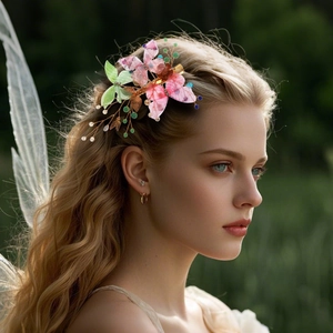 Forest fairy hair clip with colorful butterfly wings and crystal beads on a female model