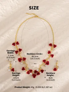 Detaillierte Größentabelle für Brautschmuck-Set mit roten Rosen, Perlen und Strass
