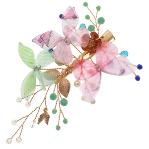 Colorful butterfly hair clip with sparkling crystals and golden leaves for women