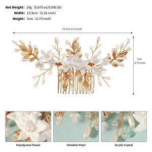 Detail view of pearl flower hair comb showing 13.5cm width and golden wire texture
