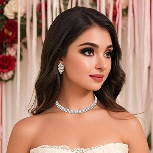 Detailansicht eines dreireihigen Strass-Chokers und Schneeflocken-Ohrringen für Bräute