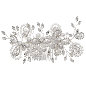 Handmade bridal hair comb with silver leaves, white pearls and sparkling rhinestones