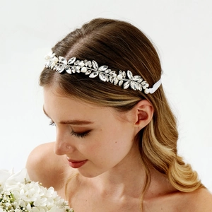 Bandeau de Mariée Fait à la Main avec Strass et Künstliche Perles Alliage d'Argent Feuille Coiffe de Mariage avec Ruban en Satin