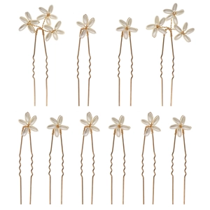 10-piece vintage white flower U-shaped hair pins set with pearls and gold wiring