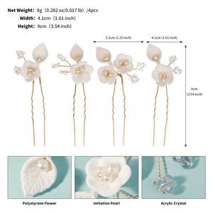 Set of 4 white floral U-shaped hair pins with handmade pearls and acrylic crystals