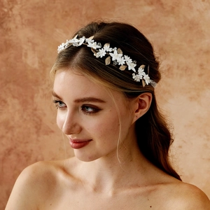 Vintage Gold Leaf Artificial Pearl Flower Headband For Wedding Bridal Bridesmaid Flower Girl Handmade Boho Hair Band Accessory