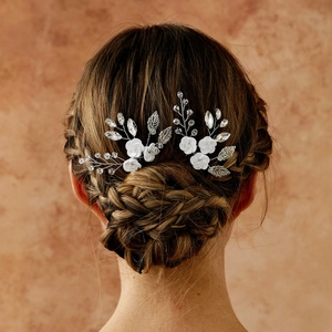 Handmade White Ceramic Flower Hair Stick For Women Silver Alloy Rhinestone Elegant Bridal Wedding Hair Pins Accessories