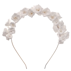 Serre-tête de mariée blanc élégant avec perles de culture et fleurs en tissu fait main