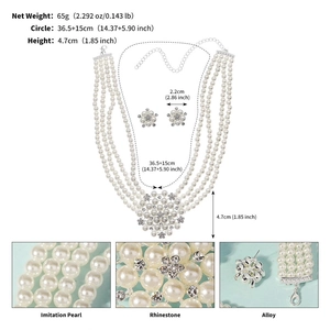 Detailed view of multi-layer pearl necklace and earrings with precise size measurements