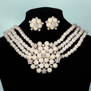 Luxurious multi-layer pearl necklace and floral rhinestone earring jewelry set