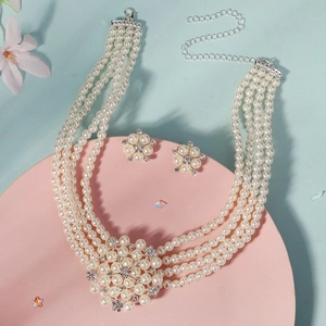 Luxurious multi-layer pearl necklace and floral stud earring set for elegant weddings