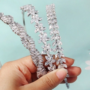 Three-piece set of luxury silver zircon headbands with sparkling floral and leaf designs