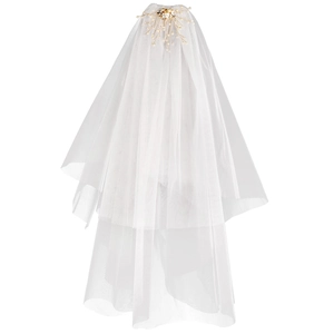 Elegant white double-layer bridal veil with gold pearl fireworks hairpiece for weddings