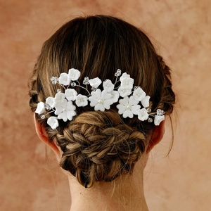 Handmade white clay flower bridal hair pins with pearls and crystals for wedding hair