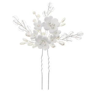 Handmade bridal hair pin with white clay flowers, pearls and crystals for wedding styling