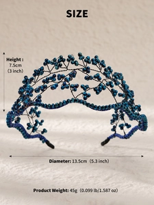 Detail showing dimensions of blue handmade beaded bridal crown with 7.5cm height