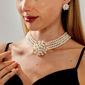 Elegant Multi Layer Imitation Artificial Pearl Jewelry Set With Rhinestone Flower Necklace And Earrings For Women Wedding Party