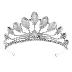 Macro shot of silver bridal crown featuring marquise crystals and round diamond setting