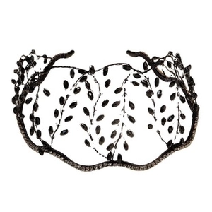 Macro shot of black hand-woven vine headband with gothic style beads for women