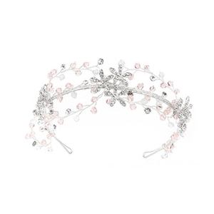 Detail of silver floral headband with pink beads and hand-woven crystal branch design