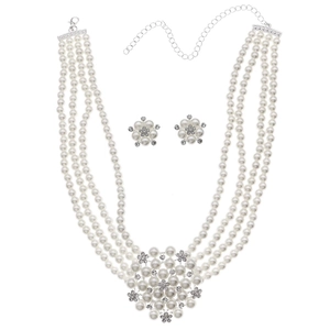 Elegant multi-layer pearl necklace and floral earrings jewelry set for wedding dress
