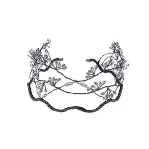 Macro shot of bridal crystal beaded vine headband with dark wire and transparent beads
