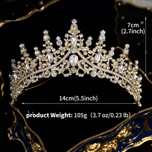 Detail showing bridal crown dimensions 14cm by 7cm with crystals on a vintage tray