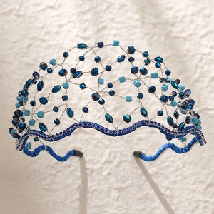 Tiare en Cristal Bleu Fait Main pour Mariage Serre-tête en Maille Élégant Rétro avec Strass Femme Accessoires de Cheveux de Luxe