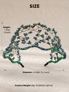 Detail of handcrafted baroque headband featuring blue crystal beads and woven mesh design