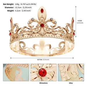 Detailed dimensions of a vintage gold alloy crown with red and white rhinestones
