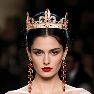 Detailed close-up of golden Baroque crown with red rubies and matching long earrings